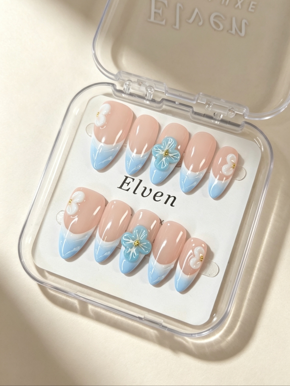 Light Blue High Quality Almond Shape Handmade Press On Nails with Floral Design